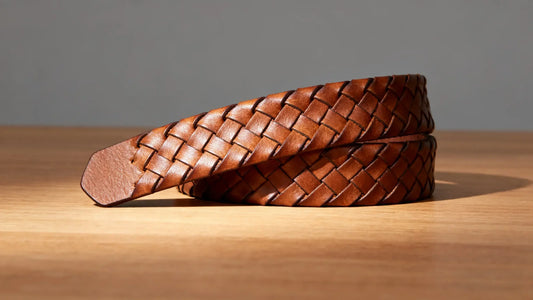 Close-up of a brown leather belt with basket weave pattern on wooden table