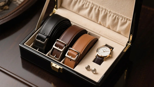 Belt box with black, brown, and tan leather belts neatly stored alongside watch and cufflinks