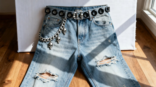 denim jeans with belt loop styling using a studded belt and skull chain accessory