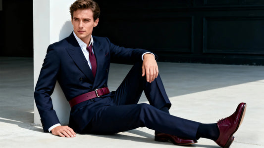 burgundy belt outfit for men with navy suit and leather shoes