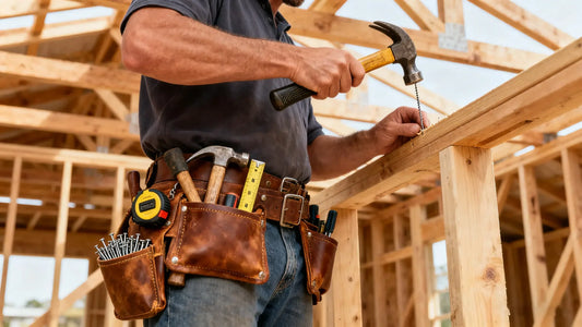 Carpenter wearing leather tool belt with hammers, tape measure, and nails on a construction site