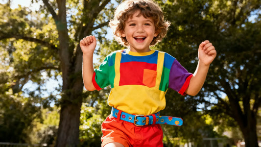 Happy child wearing colorful outfit with children’s belts outdoors