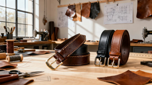 handcrafted custom leather belts displayed in artisan workshop with tools and materials