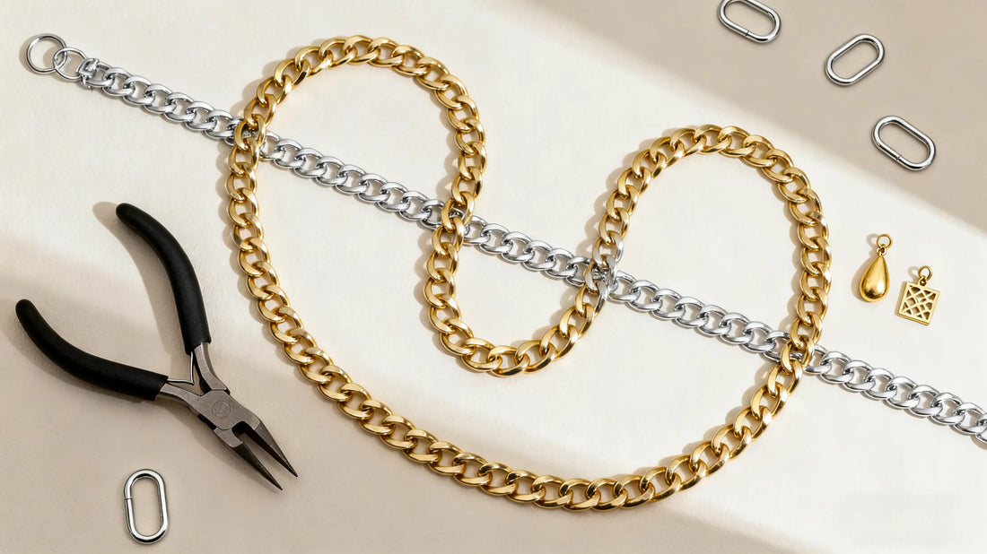 gold and silver diy chain belts with pliers and charms for making a fashion accessory