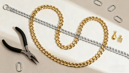 gold and silver diy chain belts with pliers and charms for making a fashion accessory