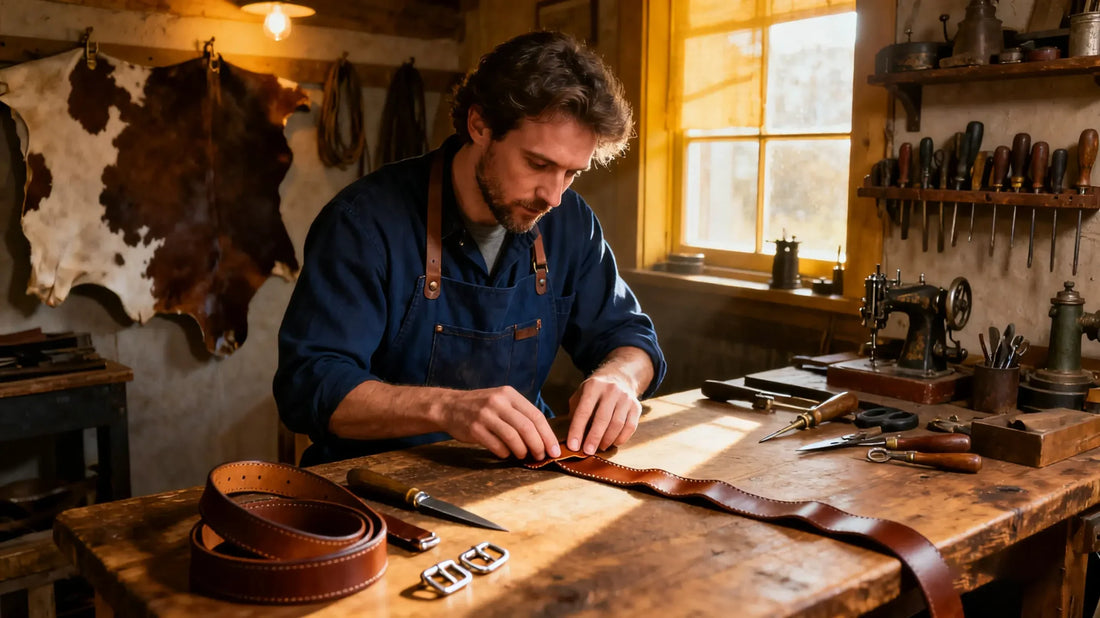 A craftsman making a leather belt at home in a rustic workshop, DIY leather belt making process with tools and materials on the table