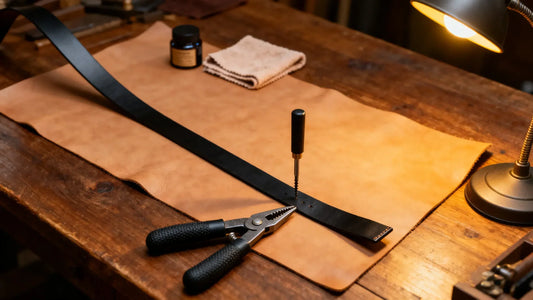 How to make a hole in a belt using leather punch tool on wooden table