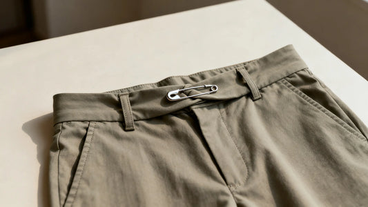pants waistband tightened with a safety pin as a belt alternative