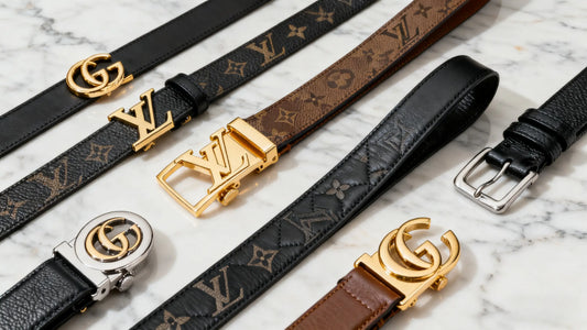 luxury belts collection featuring Gucci and Louis Vuitton designs on marble surface