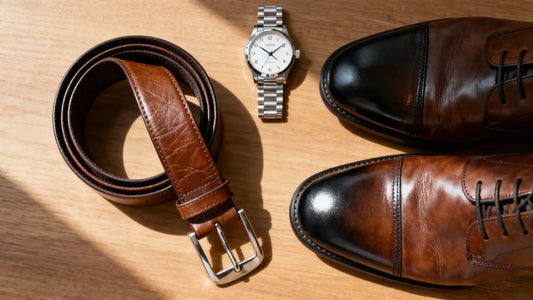 brown leather belt with matching dress shoes and watch for men’s guide on how to buy a belt