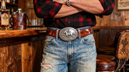 Men’s western belt with large silver cowboy buckle styled with jeans and plaid shirt