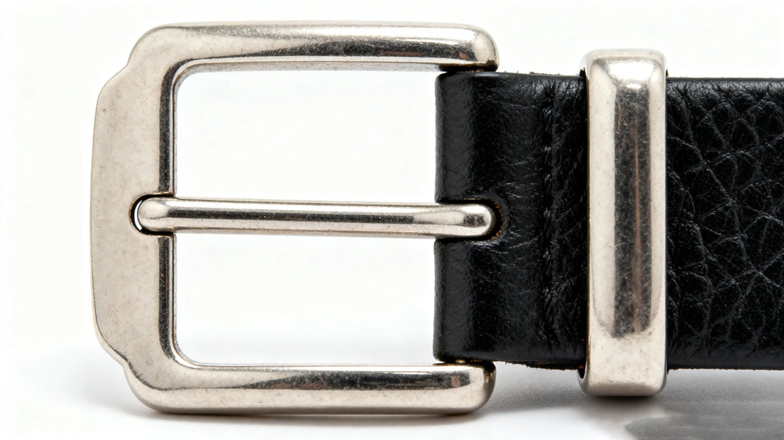close-up view of a pin buckle showing frame, prong and bar on a black leather belt