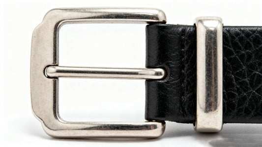 close-up view of a pin buckle showing frame, prong and bar on a black leather belt
