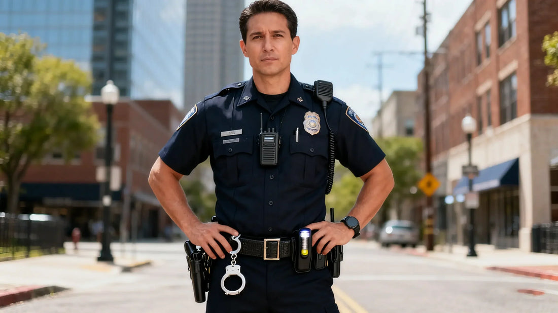Police officer in uniform wearing police belts with handcuffs, flashlight, and radio