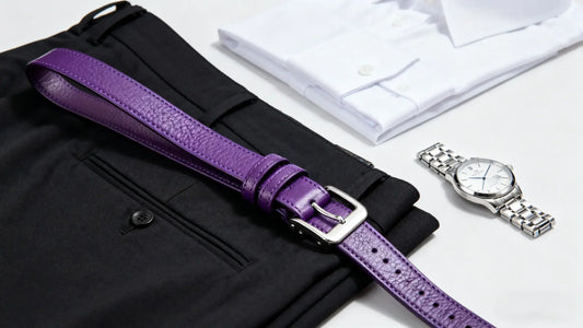 Purple belt fashion tips with leather belt styled alongside men’s outfit accessories