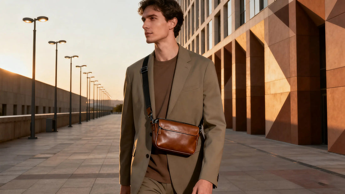 stylish traveler wearing a minimalist money belt under blazer during sunset urban walk
