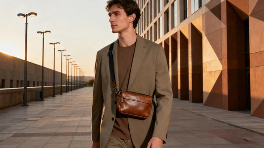 stylish traveler wearing a minimalist money belt under blazer during sunset urban walk
