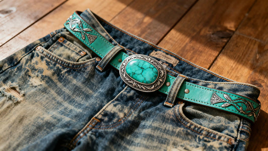 turquoise belt buckle on distressed denim jeans representing Western fashion style