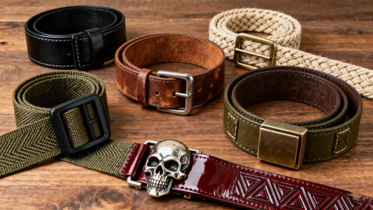 Different types of belts for men including dress, casual, braided, canvas, and military styles