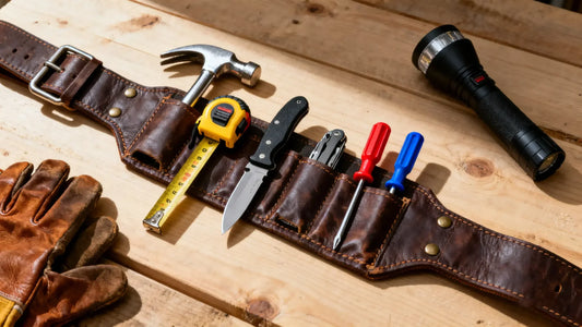Utility belt with hammer, tape measure, knife, screwdrivers, and flashlight for everyday carry