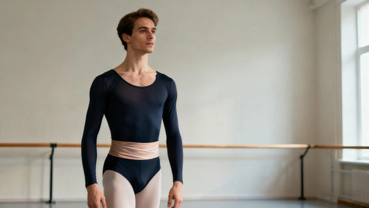 male ballet dancer wearing a dance belt under tights in studio