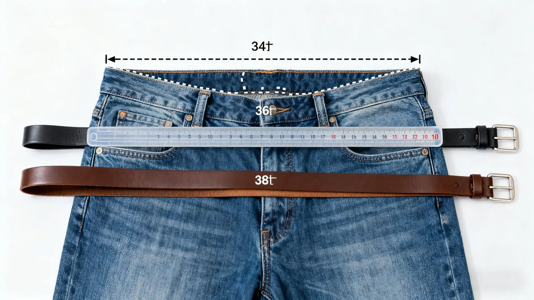 What size belt for 34 waist comparison with jeans, 36 belt, 38 belt, and measuring tape