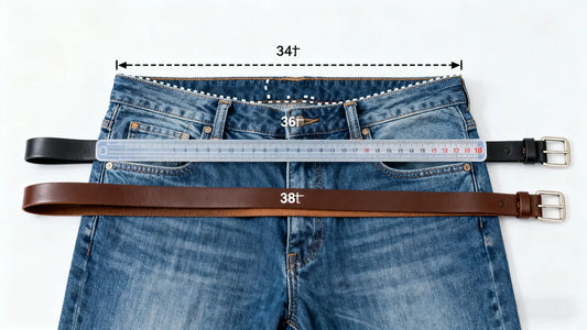 What size belt for 34 waist comparison with jeans, 36 belt, 38 belt, and measuring tape
