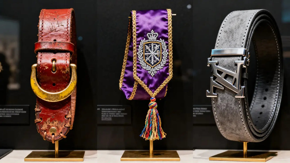 ancient ceremonial belt, medieval sash, and modern designer belt displayed in museum.