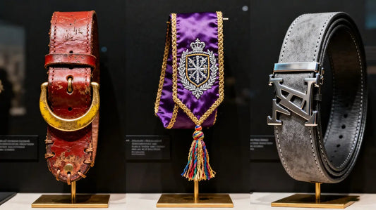 ancient ceremonial belt, medieval sash, and modern designer belt displayed in museum.
