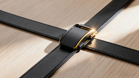 close-up of a luxury ratchet belt with automatic buckle on wooden surface