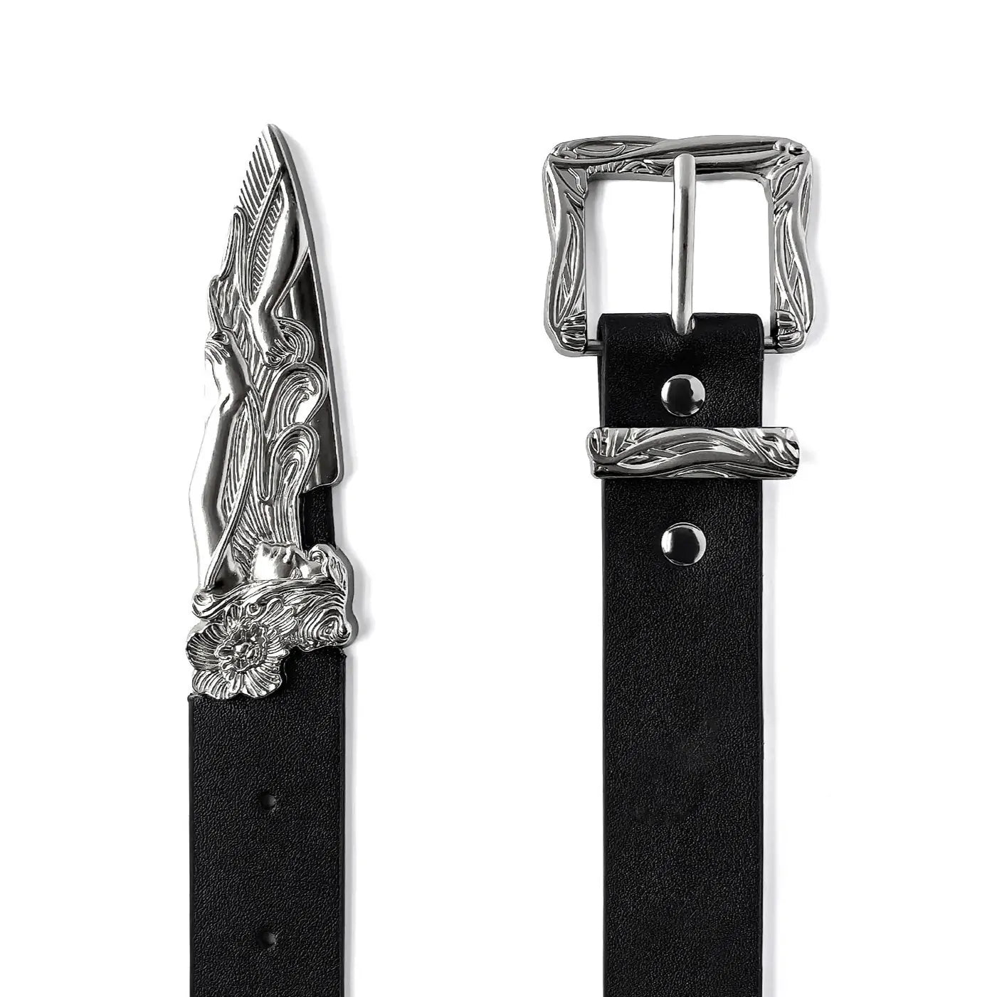 Close-up of black casual belt for women with engraved silver buckle and detailed western tip design.