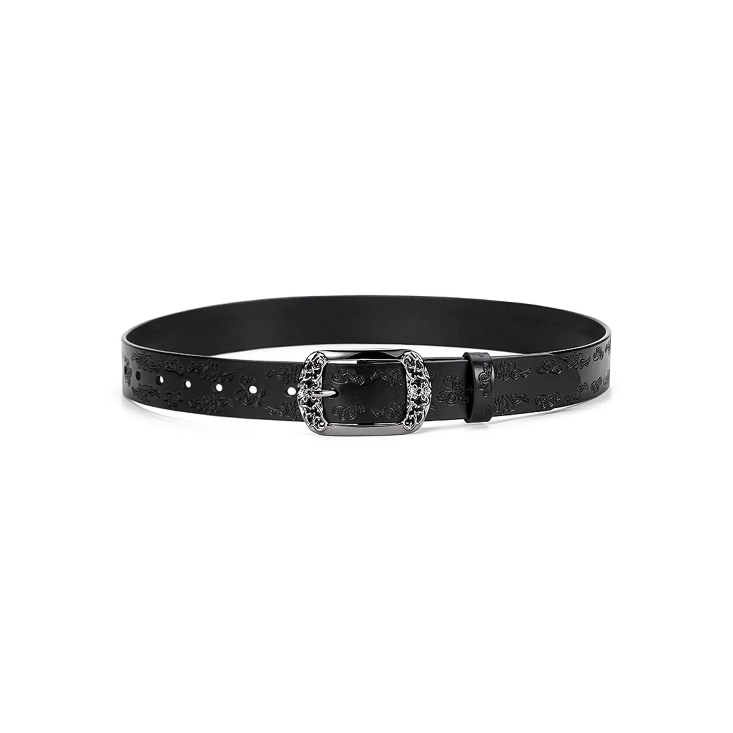 Full view of embossed black ladies belt with butterfly engraving and vintage buckle