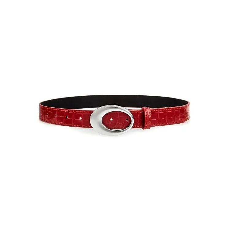 Chic Red Crocodile Pattern Belt with Silver Oval Buckle – Stylish Women’s Casual Belt