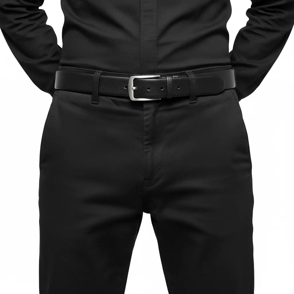 Men wearing classic black cowhide belt with silver buckle – best mens dress belt