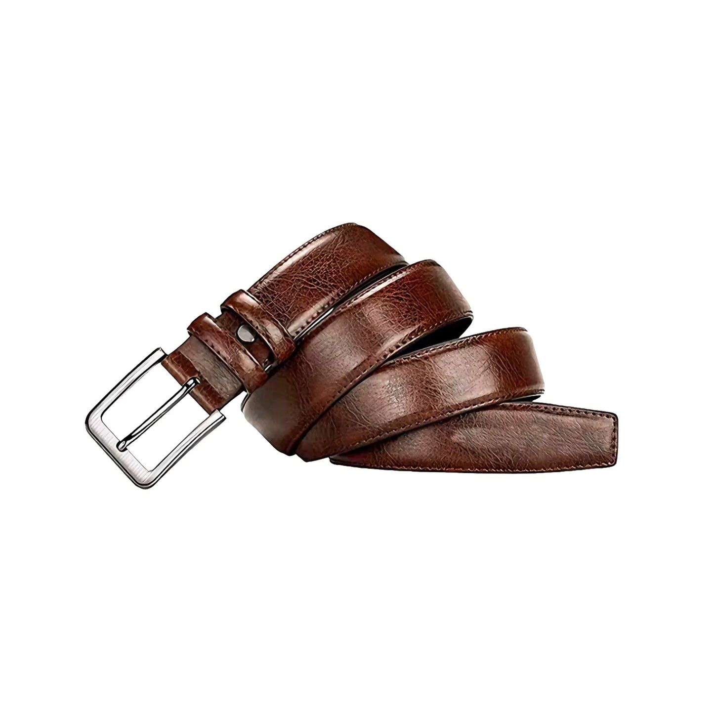 Brown women’s leather belt rolled display with polished buckle