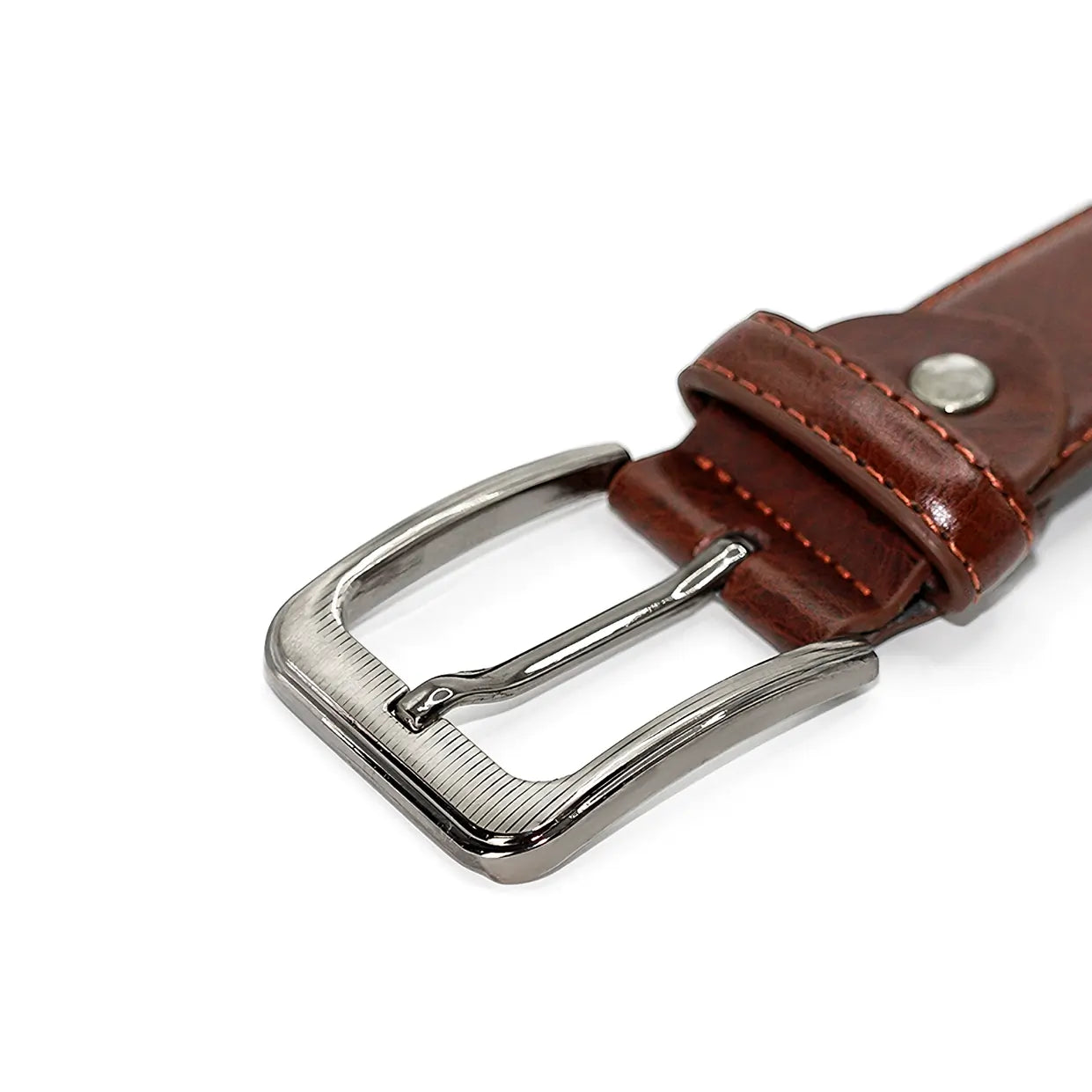 Close-up of polished buckle on brown women’s leather belt