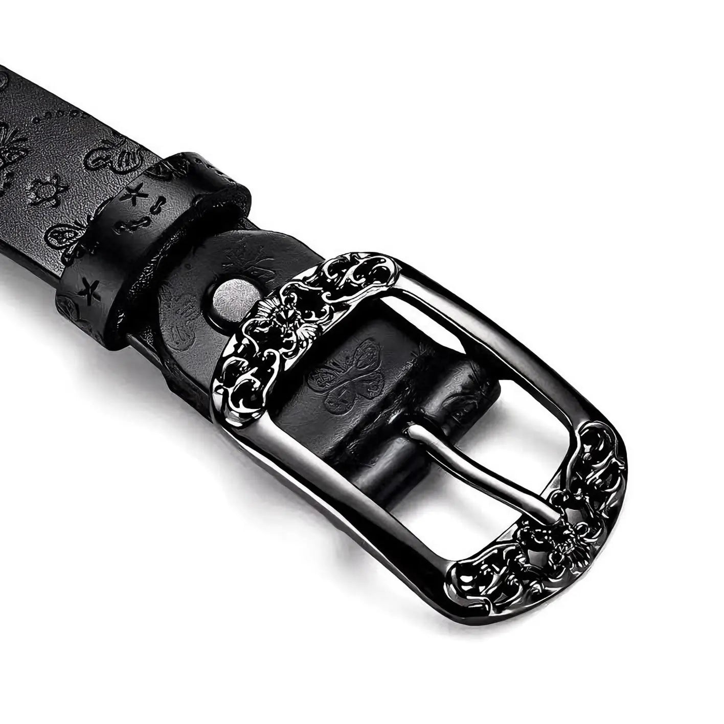 Close-up of black belt for women featuring embossed butterfly design and metal buckle