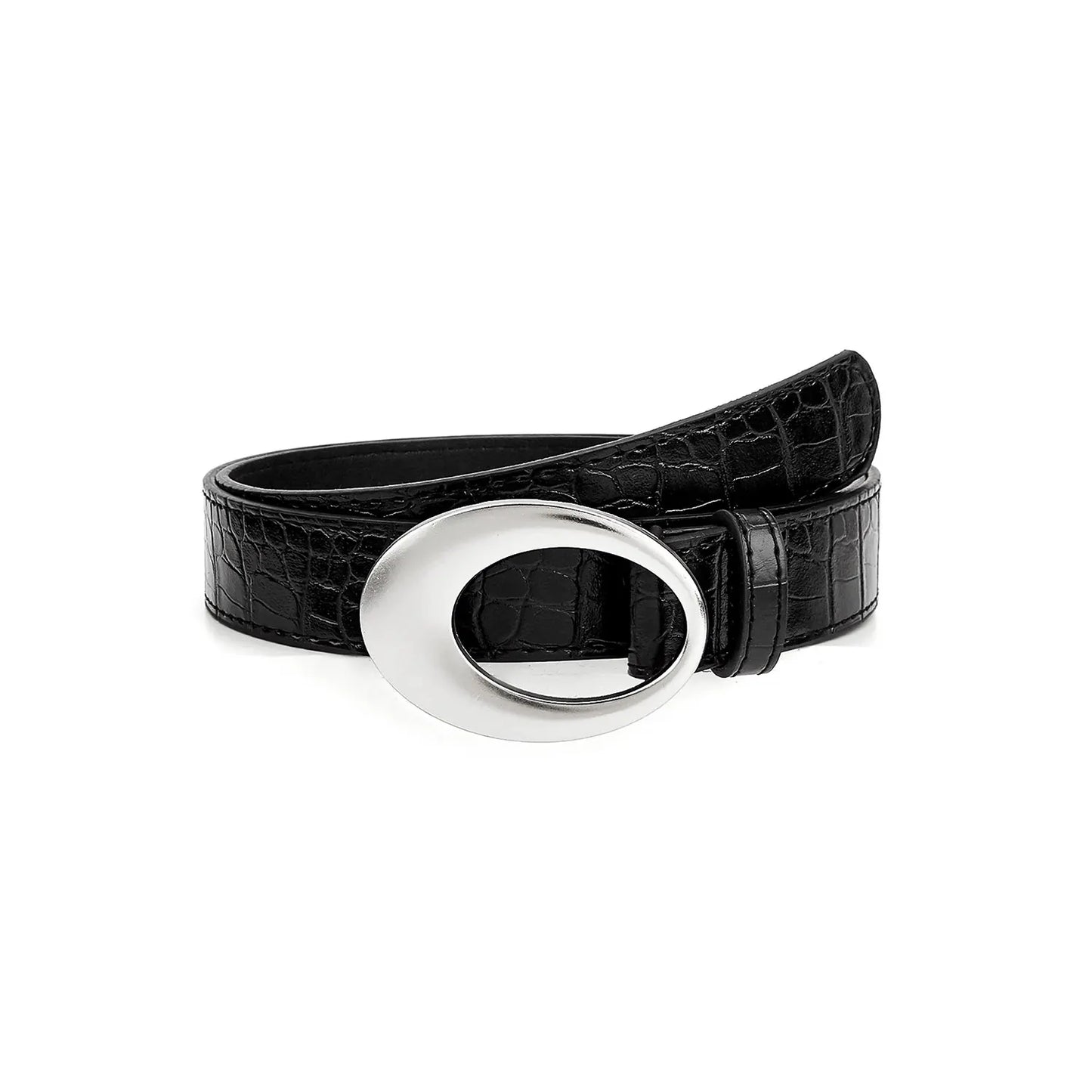 Crocodile pattern black belt for women with silver oval buckle – stylish casual belt