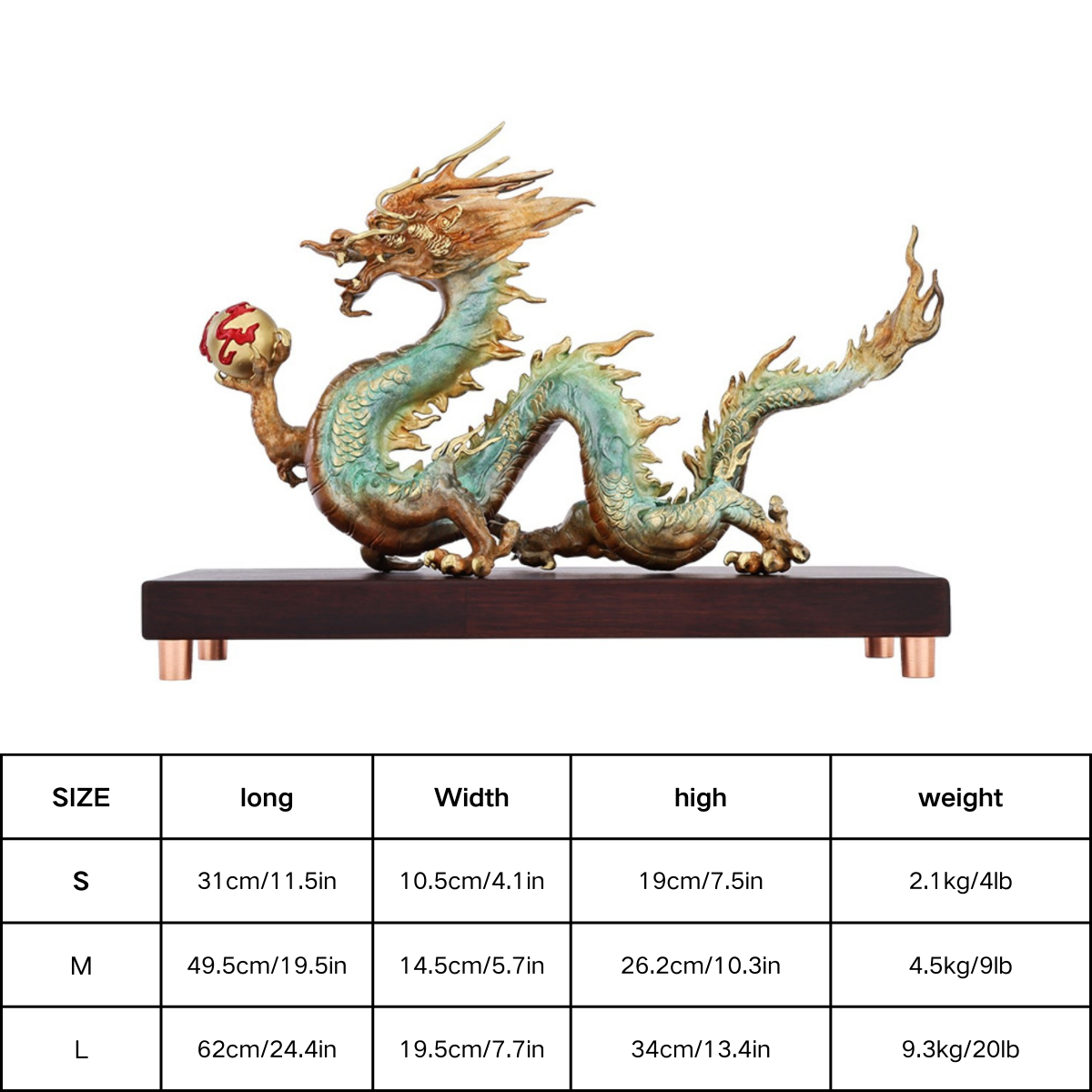 Dragon Brass figurine size chart – S, M, L dimensions