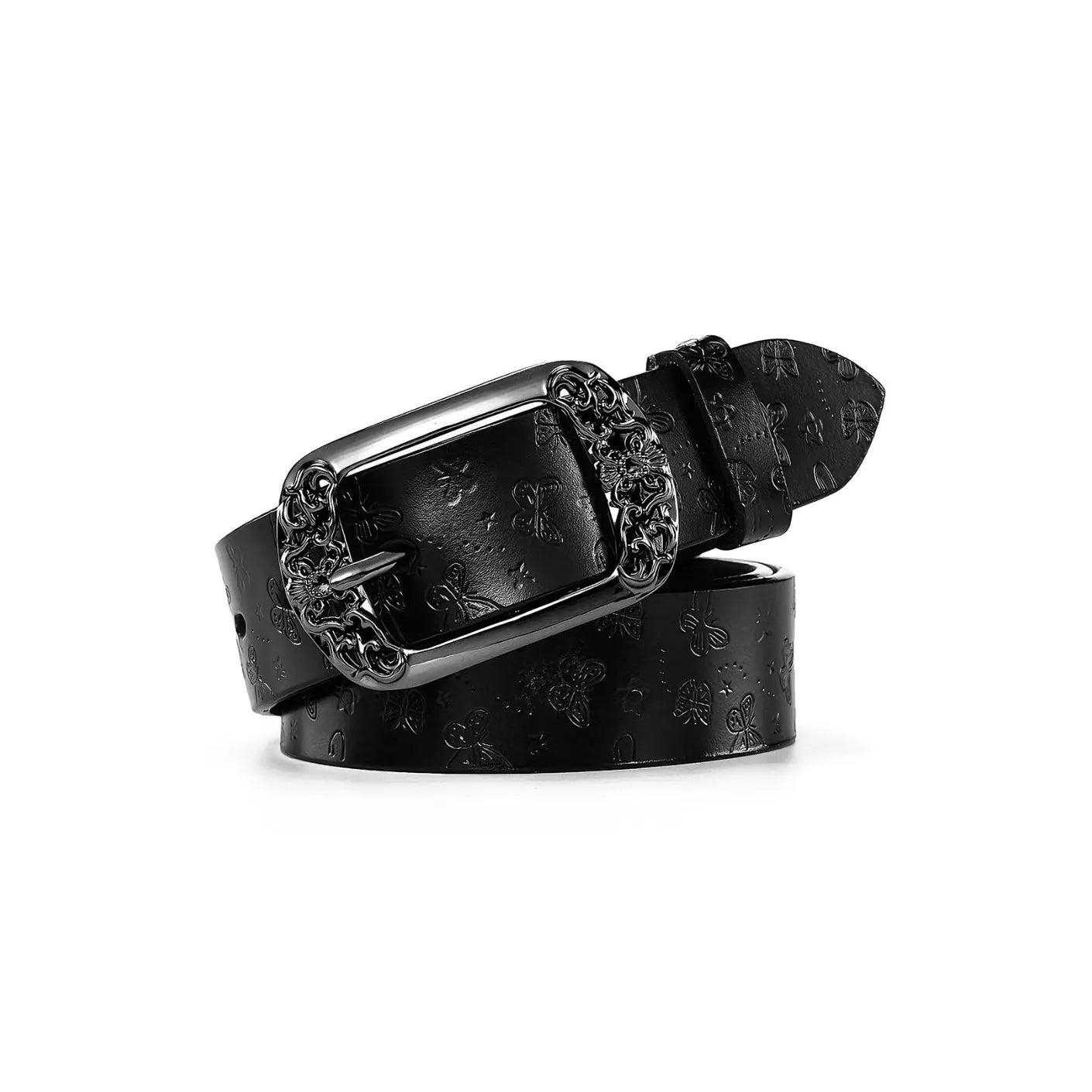 Embossed black belt for women with butterfly pattern and vintage buckle