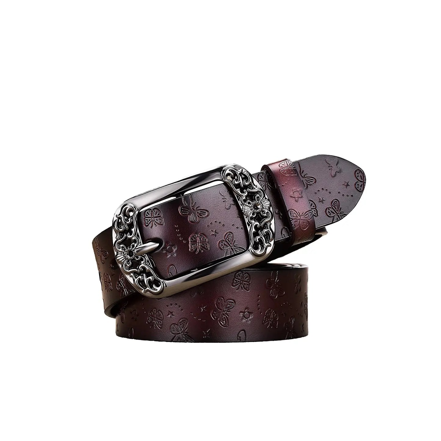 Embossed purple belt for women with butterfly pattern and elegant vintage buckle