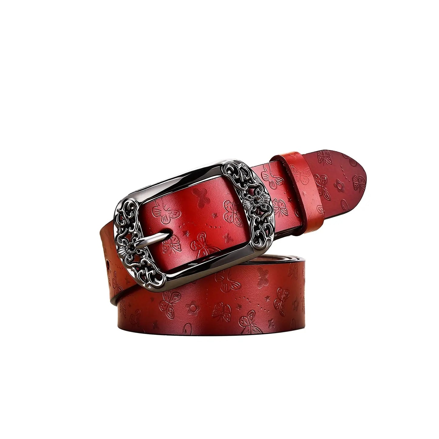 Embossed red belt for women featuring butterfly pattern and vintage-style buckle