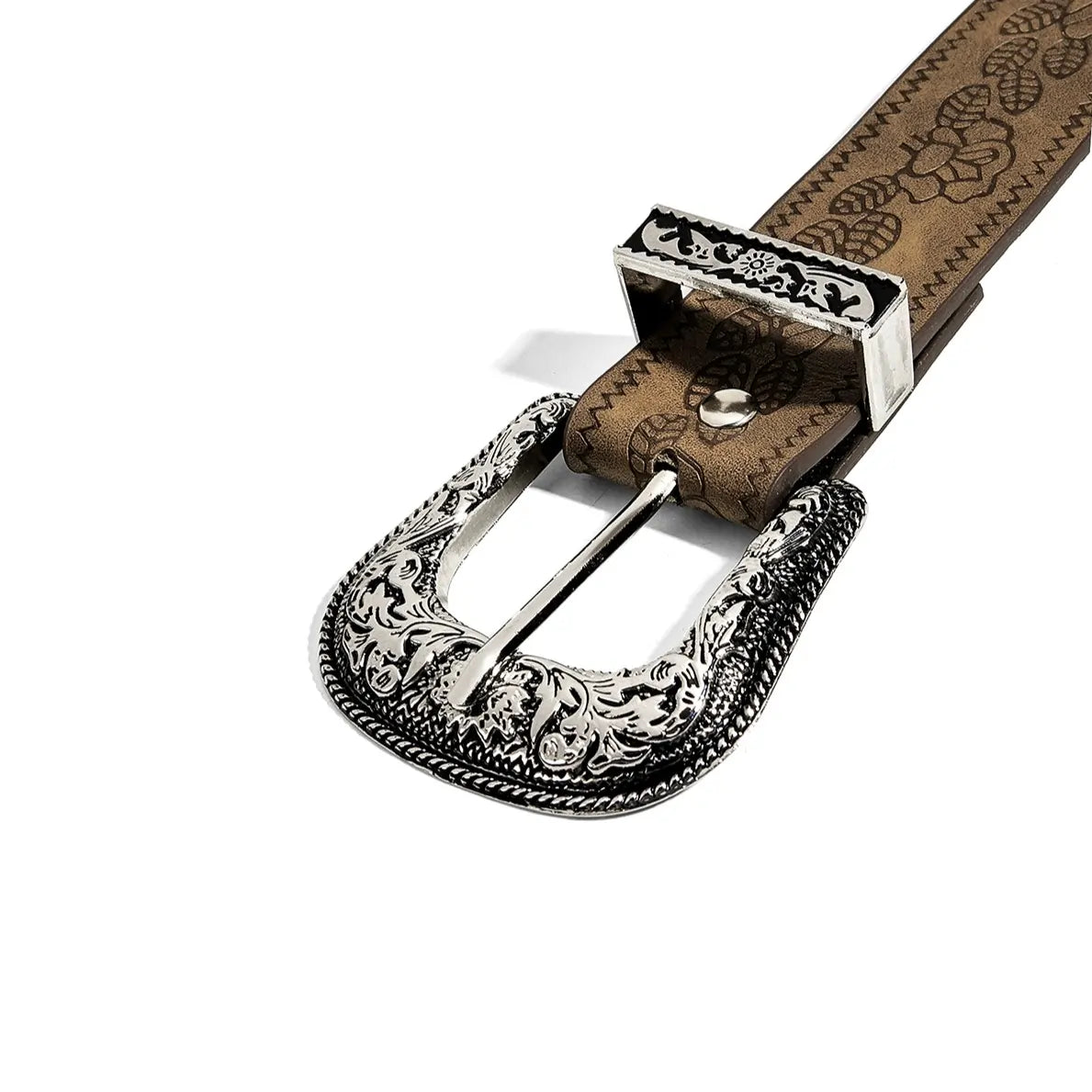 Close-up of engraved western belt buckle on Vintage Floral Western Belt for Women
