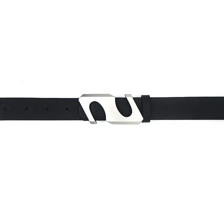 Close-up of minimalist silver buckle belt for women – modern black design