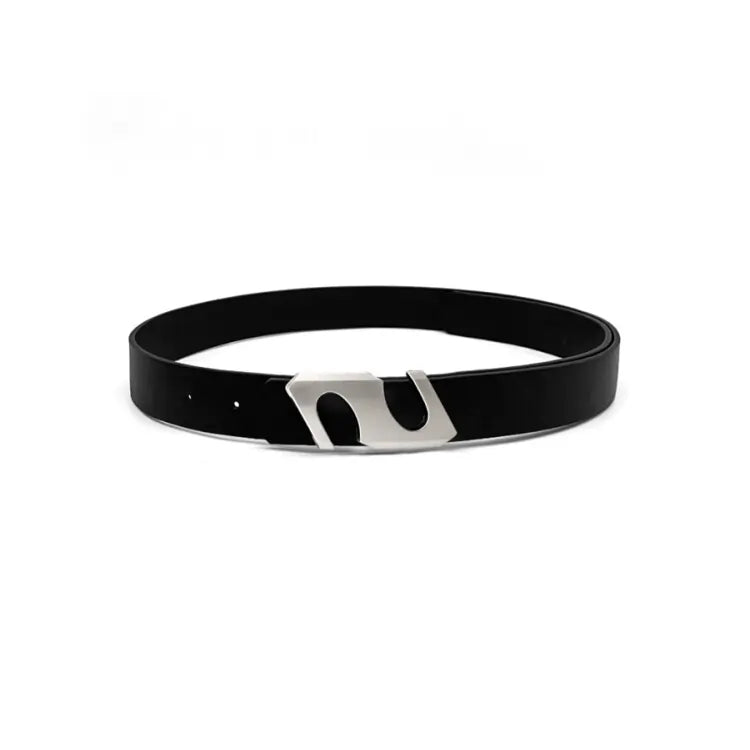 Minimalist silver buckle belt for women – black casual belt front view