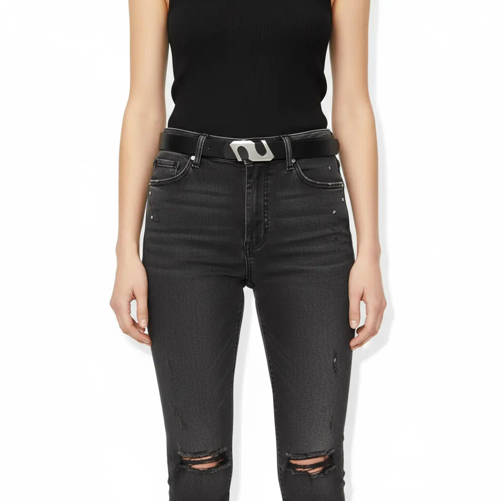 Minimalist silver buckle belt for women – black casual belt worn on model