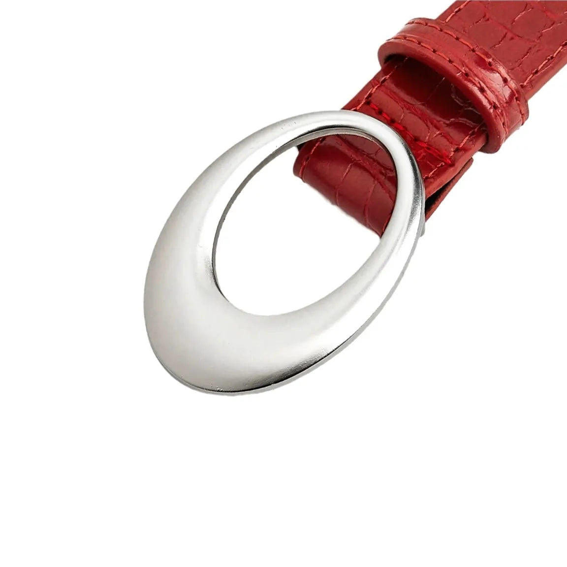 Close-Up of Silver Oval Buckle on Red Crocodile Pattern Belt for Women