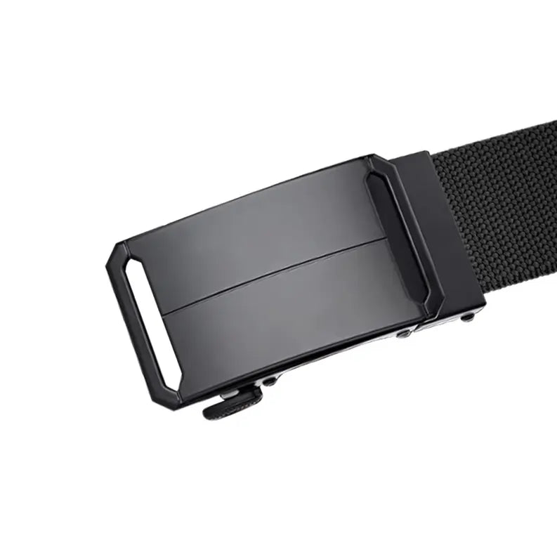 Close-up view of the adjustable ratchet buckle on tactical black belt for men