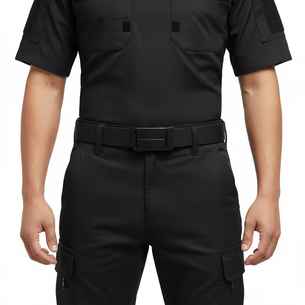 Model wearing tactical black ratchet belt for men in military style outfit
