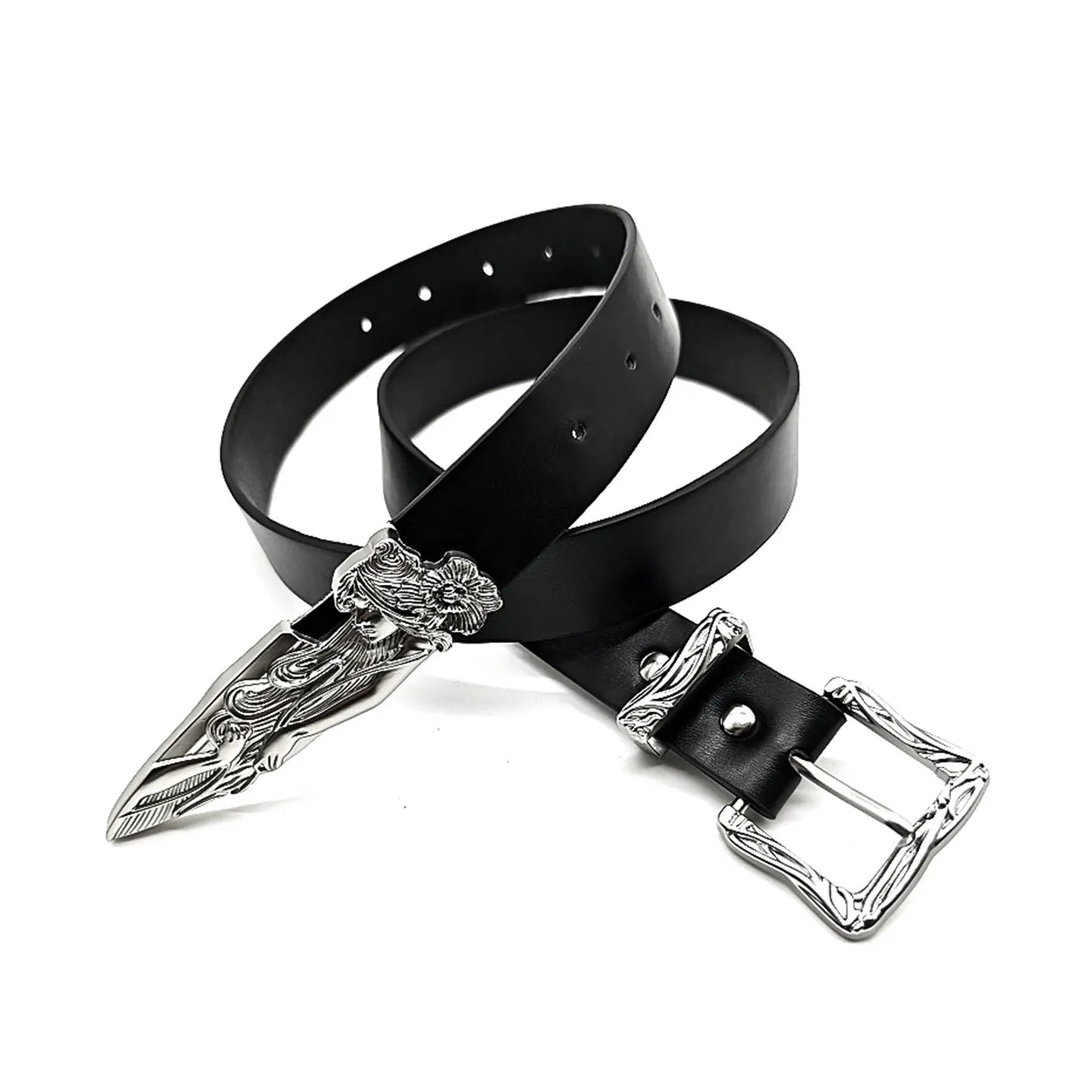 Black casual belt for women with engraved silver buckle and decorative western tip, ideal for jeans or casual outfits.